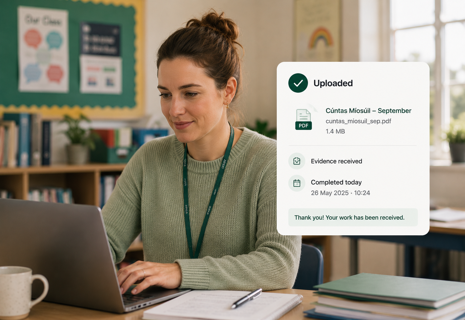 A teacher uploading completed work and evidence to Riabo